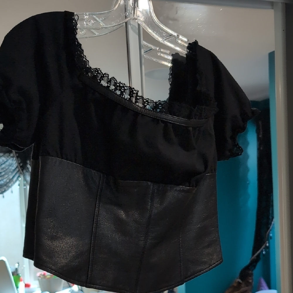 Maxima Black Lace Trim Leather Top